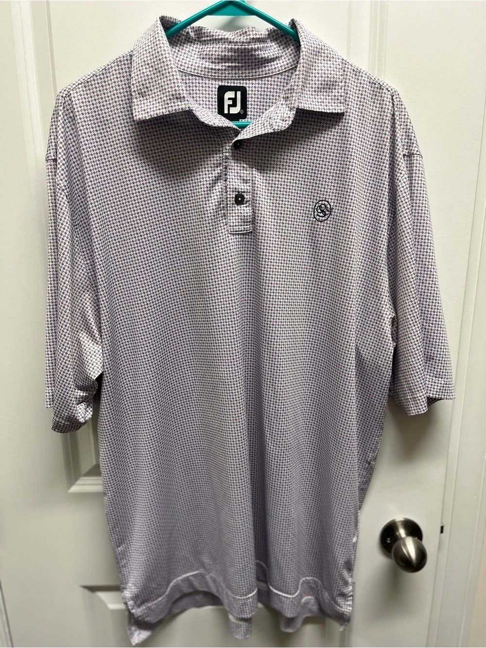 FootJoy FJ Mens SZ Large Geometric Print Golf Polo Shirt Short Sleeve White
Logo